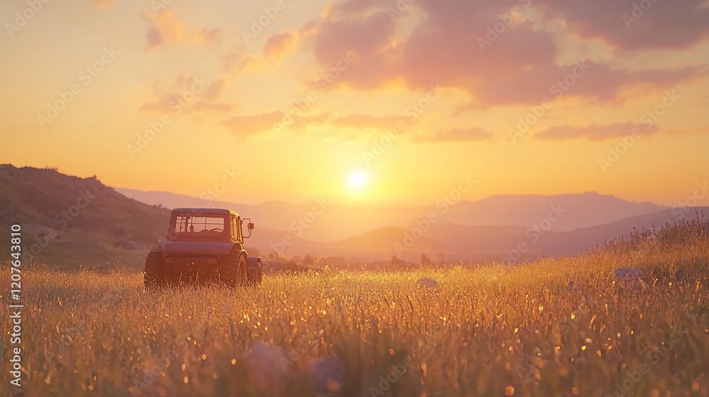 Fototapeta premium Sunset over idyllic farmland with vehicle.