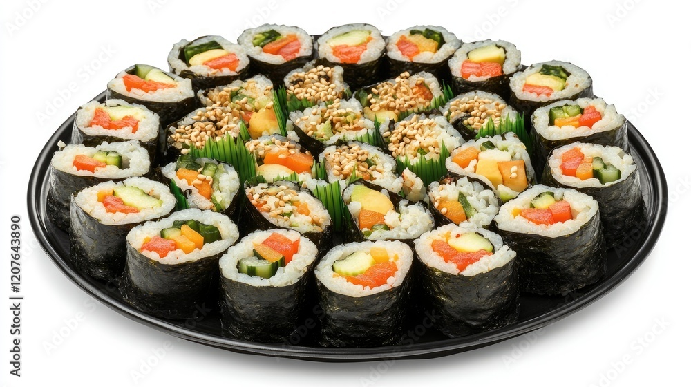 A vibrant plate of freshly sliced Kimbap rolls, filled with colorful vegetables and rice mixed with sesame oil and salt, arranged neatly on a white background. A vibrant plate of freshly sliced Kimbap rolls, filled with colorful vegetables and rice mixed with sesame oil and salt, arranged neatly on a white background.