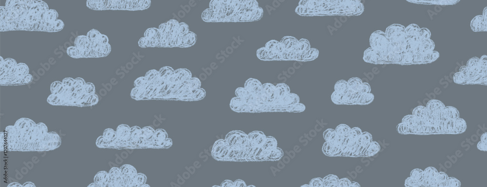 Seamless pattern with abstract cartoon clouds. Cute kid seamless pattern. Hand drawn doodle sketch children cute vector school chalk background. Kids doodle crayon style line doodle pattern.