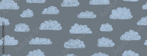 Seamless pattern with abstract cartoon clouds. Cute kid seamless pattern. Hand drawn doodle sketch children cute vector school chalk background. Kids doodle crayon style line doodle pattern.
