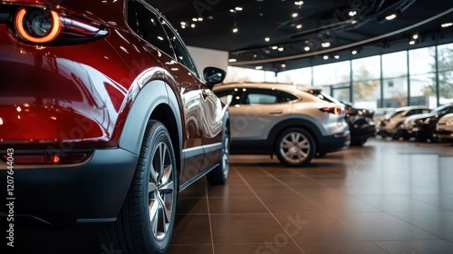 Rearview car parked in luxury showroom. Car dealership office. New car parked in modern showroom. Car for sale and rent business concept. Automobile leasing and insurance concept. Electric automobile.
