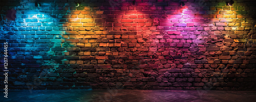 Colourfull brick wall with turn on  decoration lamps. Industry style.