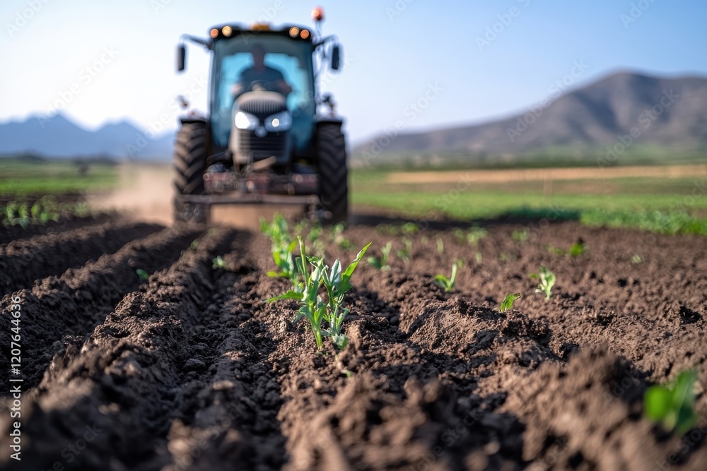 A tractor skillfully plows the fields, creating neat rows of freshly turned soil, essential for the upcoming planting season and showcasing modern agriculture. A tractor skillfully plows the fields, creating neat rows of freshly turned soil, essential for the upcoming planting season and showcasing modern agriculture.