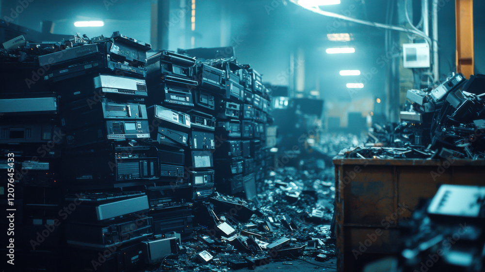 e-waste collection for recycling concept. dimly lit warehouse filled with piles of discarded electronics and e waste e-waste collection for recycling concept. dimly lit warehouse filled with piles of discarded electronics and e waste