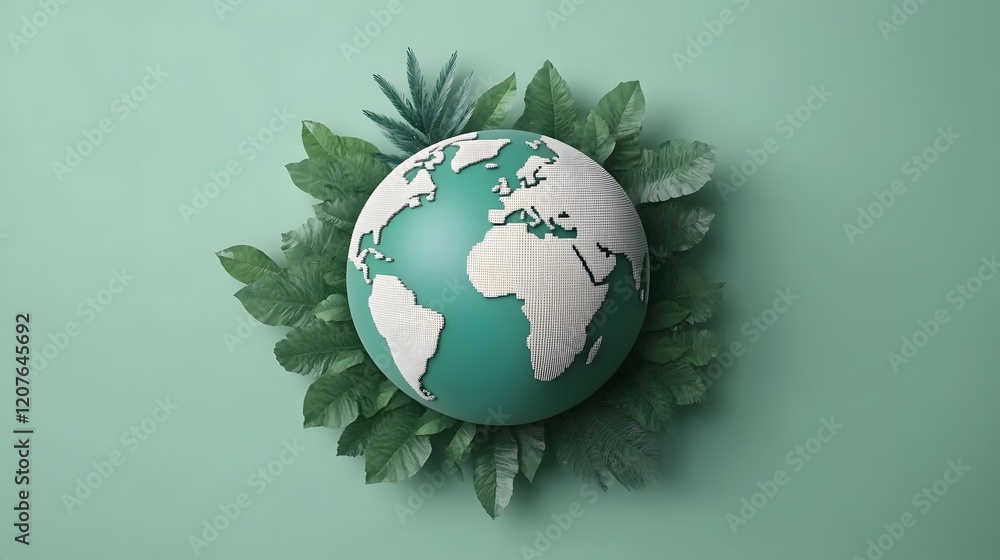 Simplified Nature Icons Surrounding a Green Earth Globe in Harmonious Palette Simplified Nature Icons Surrounding a Green Earth Globe in Harmonious Palette