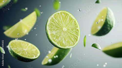 Fresh lime slices float in the air surrounded by droplets of water