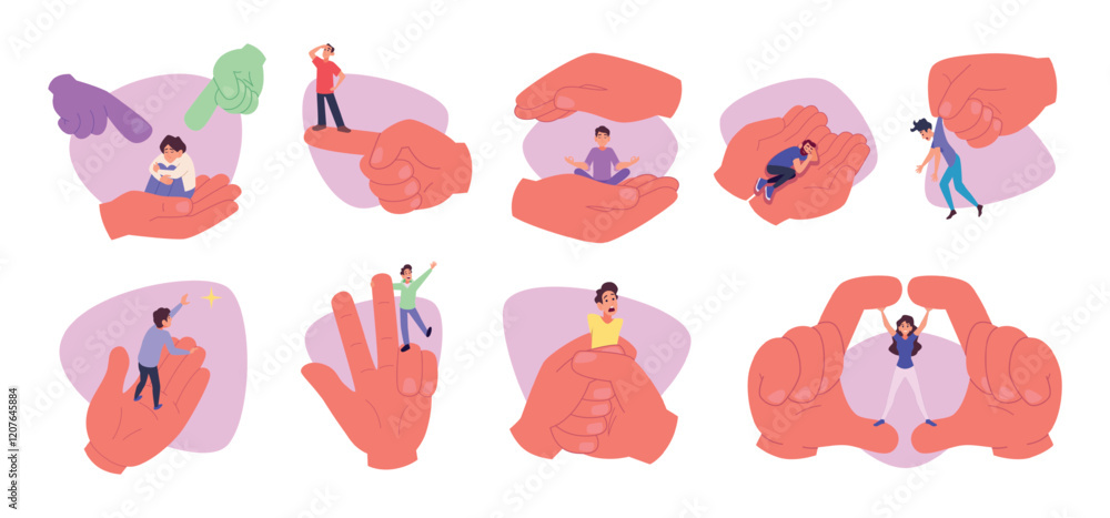 Tiny people in big hands. Concept psychological pictures with hands holding people exact vector illustration set