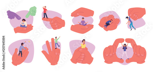 Tiny people in big hands. Concept psychological pictures with hands holding people exact vector illustration set