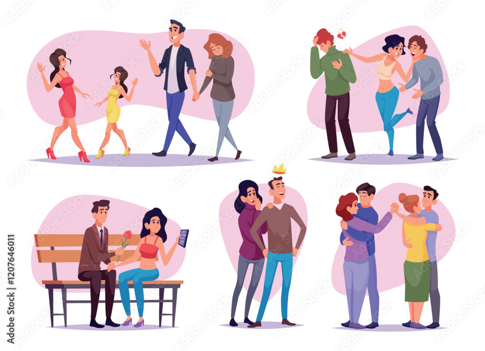 Relationship concept. Conflict lovers heartbreak relationships problem connection characters exact vector conceptual illustrations Relationship concept. Conflict lovers heartbreak relationships problem connection characters exact vector conceptual illustrations
