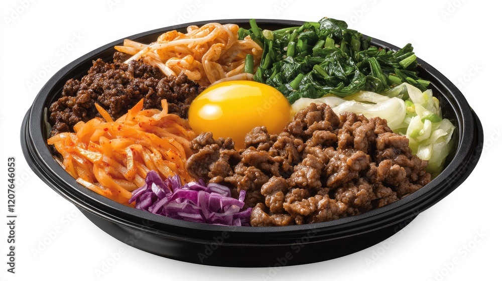 Close-up of a vibrant Bibimbap bowl with fresh ingredients, topped with an egg yolk, isolated on a white background. Close-up of a vibrant Bibimbap bowl with fresh ingredients, topped with an egg yolk, isolated on a white background.
