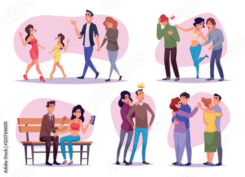 Relationship concept. Conflict lovers heartbreak relationships problem connection characters exact vector conceptual illustrations