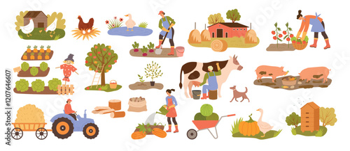 Village area. Rural items for farm lifestyle gardening recent vector pictures set in flat style