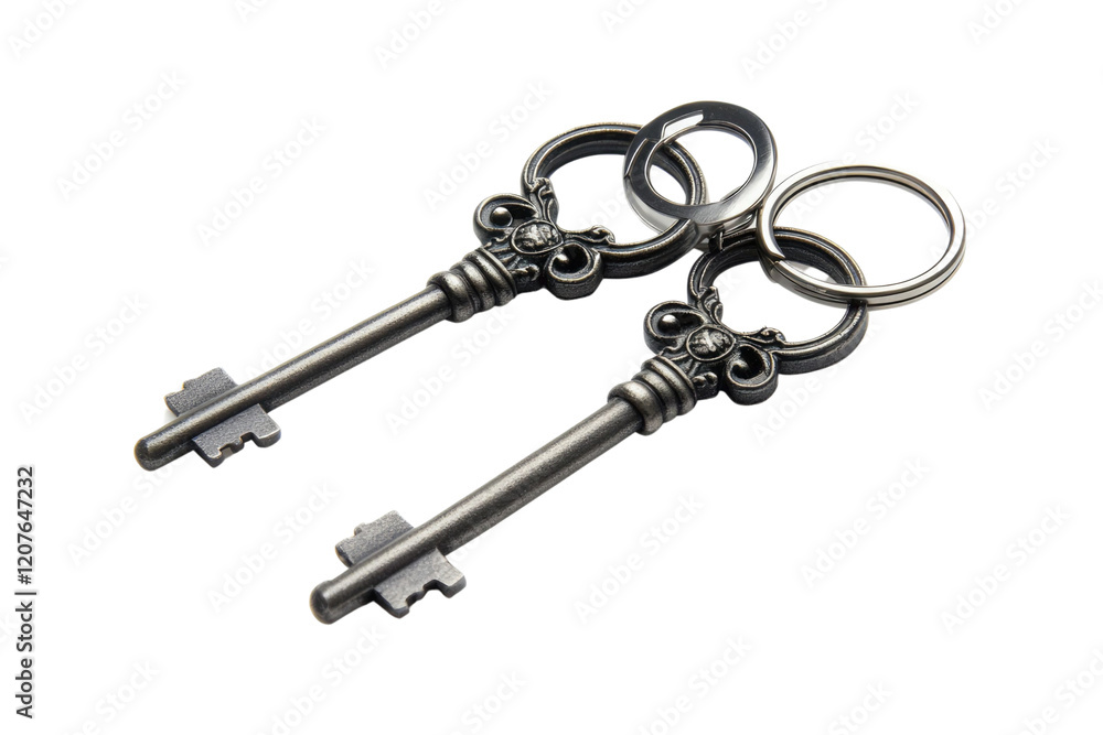 House key pair with metal house shaped keyring isolated on white background. PNG
House key pair with metal house shaped keyring isolated on white background. PNG