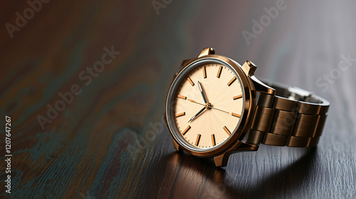 Wallpaper Mural luxury stainless steel watch in close-up on polished wooden surface, highlighting its sleek design and precision in a sophisticated setting Torontodigital.ca