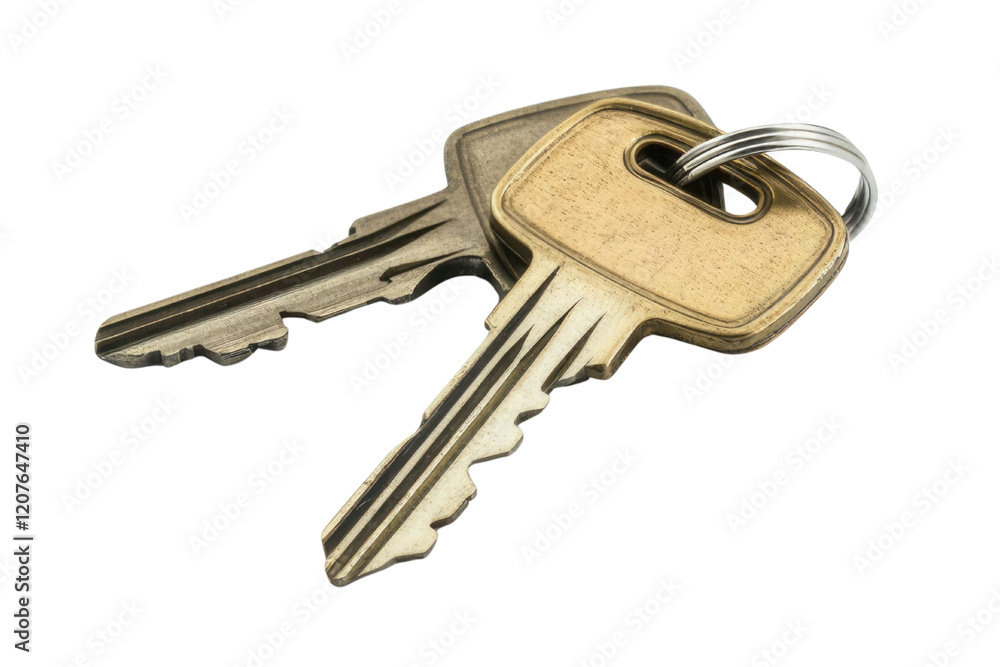 House key pair with metal house shaped keyring isolated on white background. PNG
House key pair with metal house shaped keyring isolated on white background. PNG