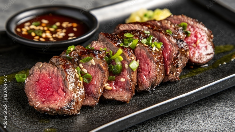 Juicy slices of marinated beef cooking over hot coals, served with banchan and dipping sauces in a Japanese-style restaurant. Juicy slices of marinated beef cooking over hot coals, served with banchan and dipping sauces in a Japanese-style restaurant.