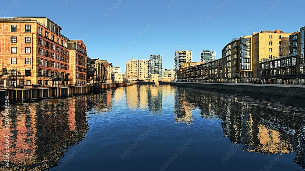 Calm river reflecting modern city buildings and clear sky. Calm river reflecting modern city buildings and clear sky.