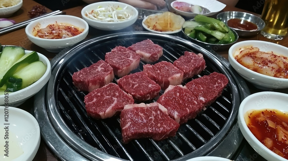 Korean BBQ with juicy Hanwoo beef on the grill, surrounded by small plates of traditional side dishes and dipping sauces. Korean BBQ with juicy Hanwoo beef on the grill, surrounded by small plates of traditional side dishes and dipping sauces.