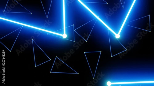 Abstract blue neon triangles glowing in dark space, network connection concept, digital background for tech presentations