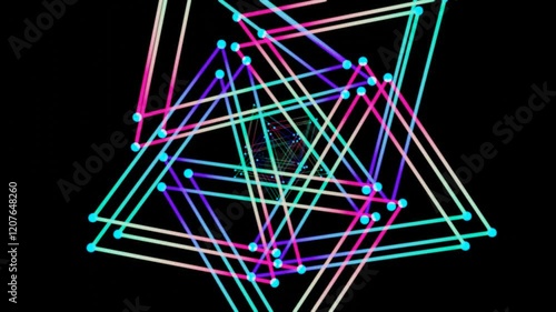 Abstract Colorful Triangles Rotating, Network Data Visualization, Dark Background, Tech Presentation