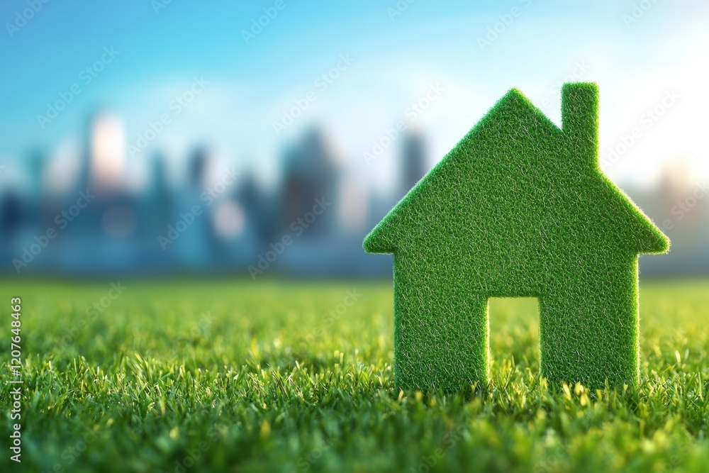 Sustainable Energy Efficient Building with Green Grass and Cityscape Background in Bright Daylight, Symbolizing Eco-Friendly Development and Environmental Awareness