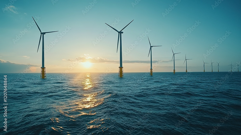 A breathtaking view of offshore wind turbines during sunrise, showcasing the serenity of renewable energy sources amidst the tranquil ocean landscape at dawn. A breathtaking view of offshore wind turbines during sunrise, showcasing the serenity of renewable energy sources amidst the tranquil ocean landscape at dawn.