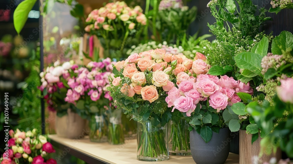 Beautiful Floral Arrangements with Roses and Greenery in Shop Beautiful Floral Arrangements with Roses and Greenery in Shop