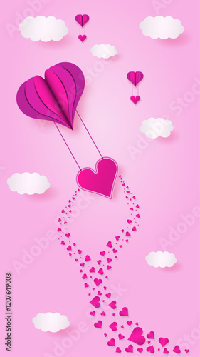 Vertical valentines day romantic sky card, 3d balloon, hearts flying, clouds, paper cut vector. 3d love concept background to use for valentines day, romantic 14 february project.