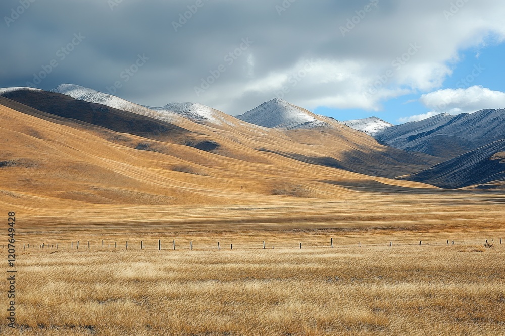 Obraz premium Vast Desert Landscape with Scattered Tumbleweeds and Mountains Under Dramatic Cloudy Sky Featuring a Unique Natural Beauty of Arid Regions