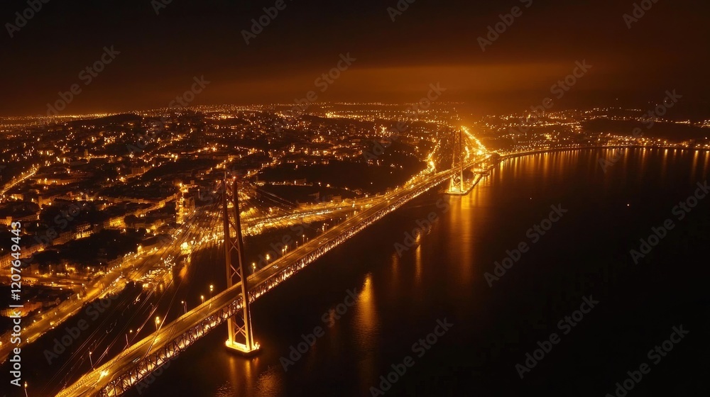 Obraz premium Aerial View of Illuminated Bridge at Night Over Water With City Lights
