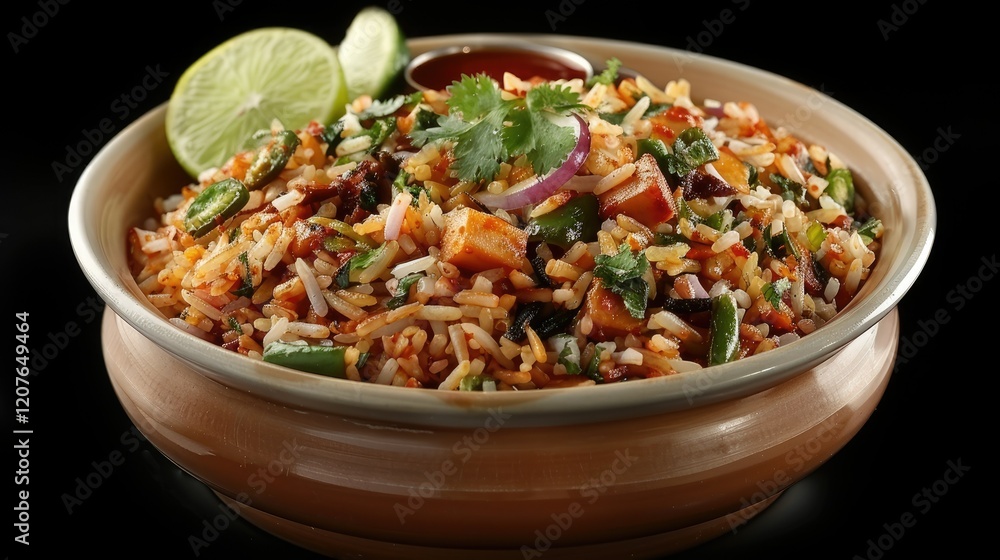 A bowl of colorful rice dish garnished with lime, herbs, and spices, perfect for a flavorful meal. A bowl of colorful rice dish garnished with lime, herbs, and spices, perfect for a flavorful meal.