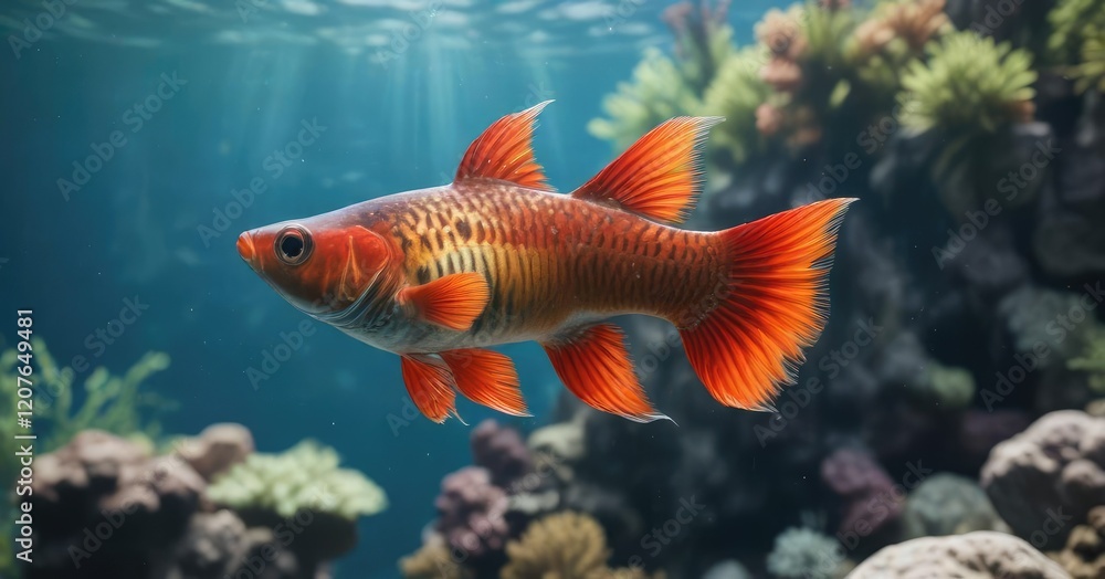 Naklejka premium Aquatic view of a single large red fire guppy with clear water and coral reef in the background , fish, fire, reef