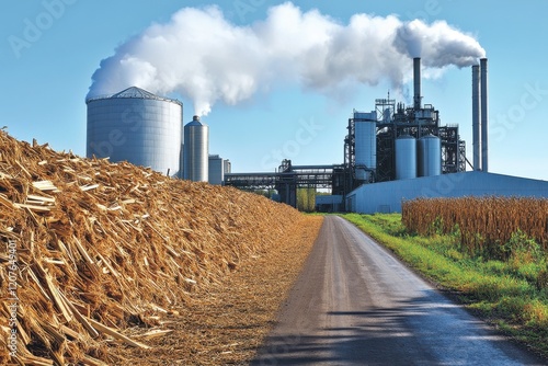 Vast agricultural field with biomass plant in the background emitting steam, showcasing the integration of renewable energy in farming practices.