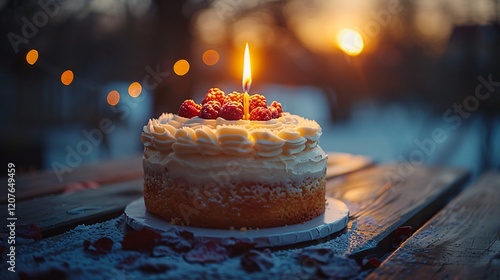 Beautiful cream cake decorated with fresh berries and a blowing candle placed on  cake tray in bluer background photo