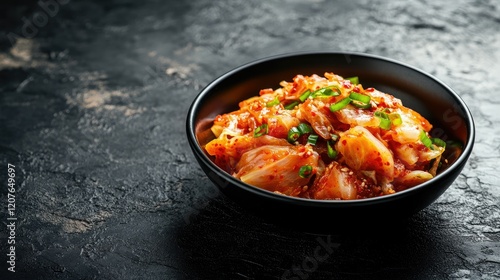 Freshly Prepared Kimchi Dish in Black Bowl on Dark Background