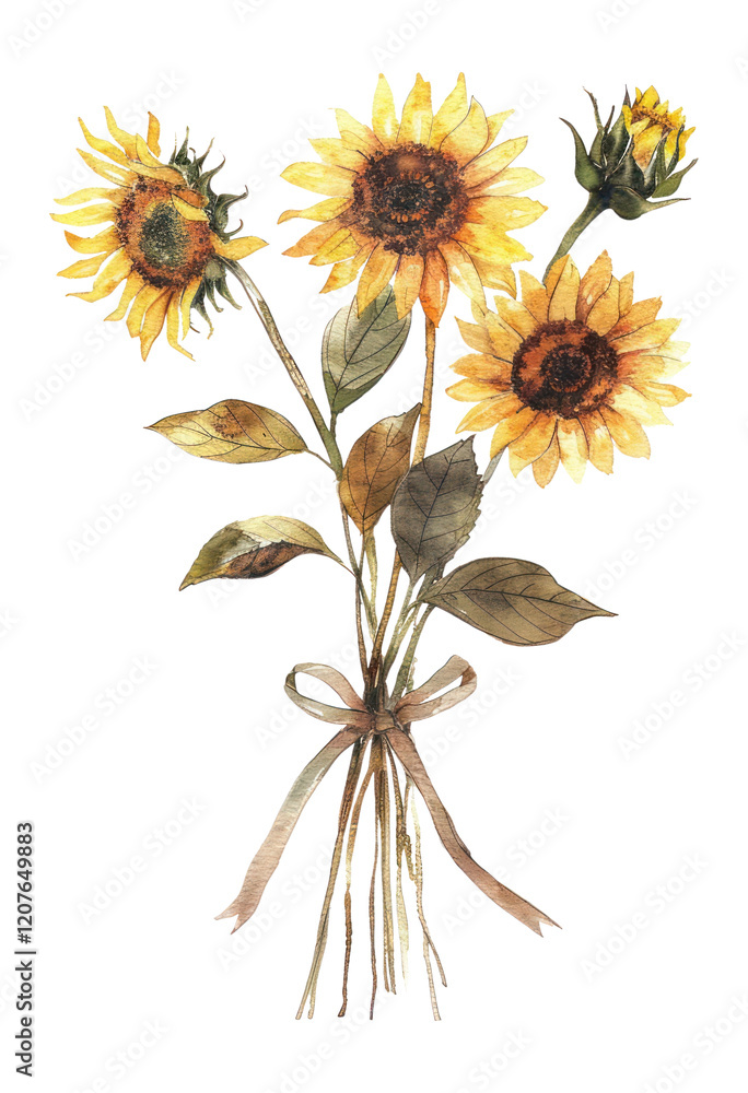 PNG Sunflower bouquet watercolor tied art. PNG Sunflower bouquet watercolor tied art.