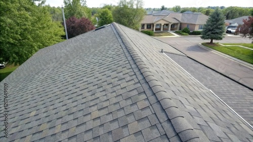 Asphalt shingle roof with ridge cap viewed from directly above, shingles, natural surroundings, architectural feature, roofing material, asphalt roof