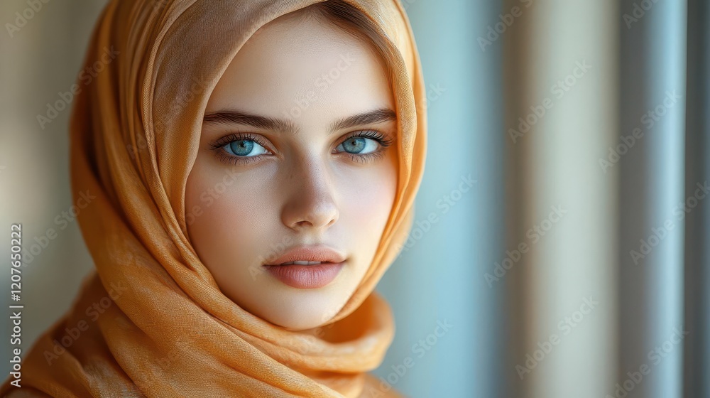 a young woman wearing an elegant silk headscarf in muted pastels soft natural lighting contemplative expression studio portrait with gentle shadows a young woman wearing an elegant silk headscarf in muted pastels soft natural lighting contemplative expression studio portrait with gentle shadows
