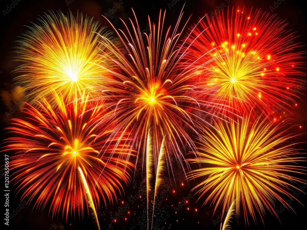 Fototapeta premium Macro lens captures vibrant red and yellow fireworks exploding against a dark night sky.