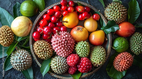 Top view of a basket full of lichees cherries and strawberries placed on dark table full of green leaves