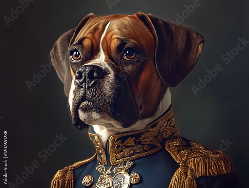 Majestic Boxer Dog in Regal Uniform: A Classic Portrait photo