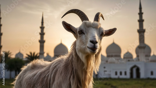 Goat in front of a beautiful mosque at sunset, Eid al-Adha. photo