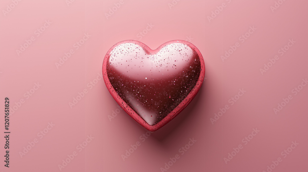 Flat lay of heart-shaped chocolate with glossy texture, placed on a pastel pink background. Minimal Valentine and Mother's day banner with copy space