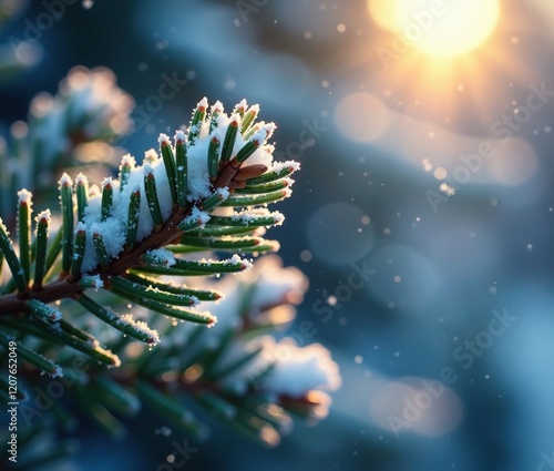 Glittering snowflakes cling to the fragile tips of pine branches, frosty, fragrant, sparkly photo