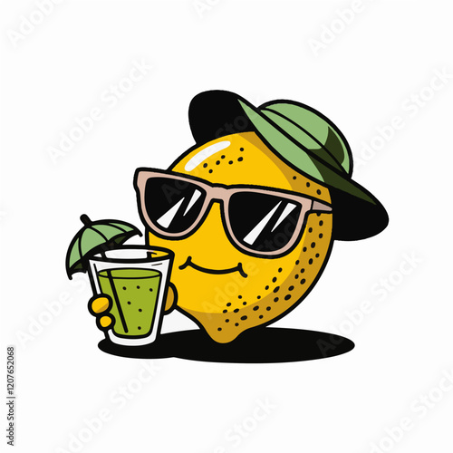 Cartoon vector illustration of a fresh summer cocktail with orange fruit, green leaves, and cucumber in a glass cup, perfect for food and drink icon design
