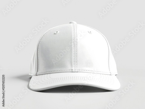 Blank white base cap mockup displayed on wooden table in a studio setting, accessory, apparel, clothing