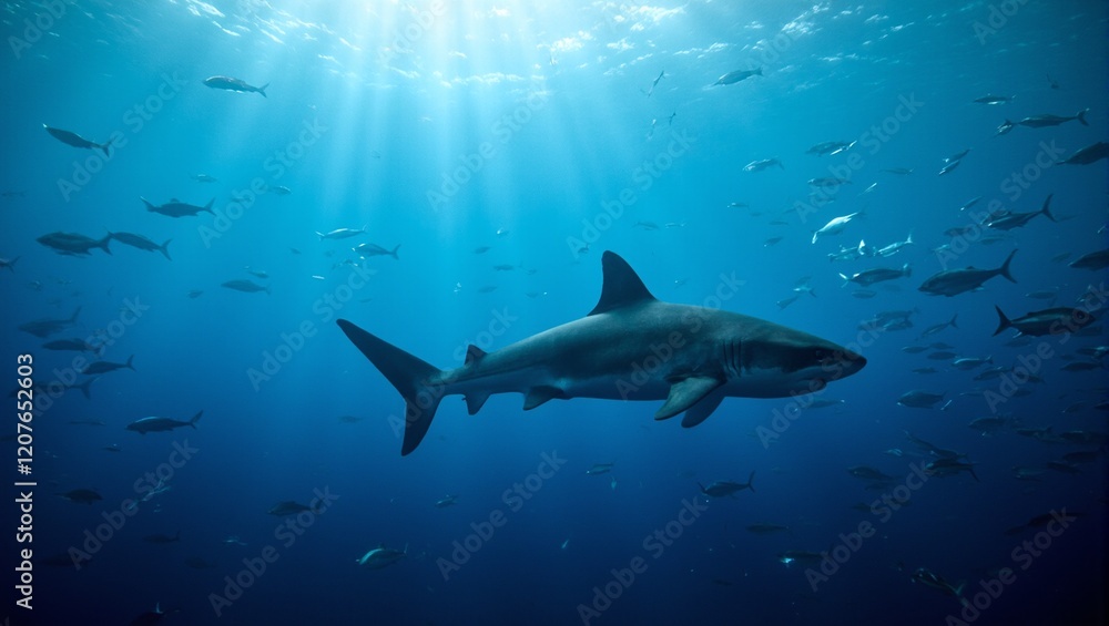 Obraz premium Majestic great white shark in deep blue ocean with schools of fish and sunlight rays