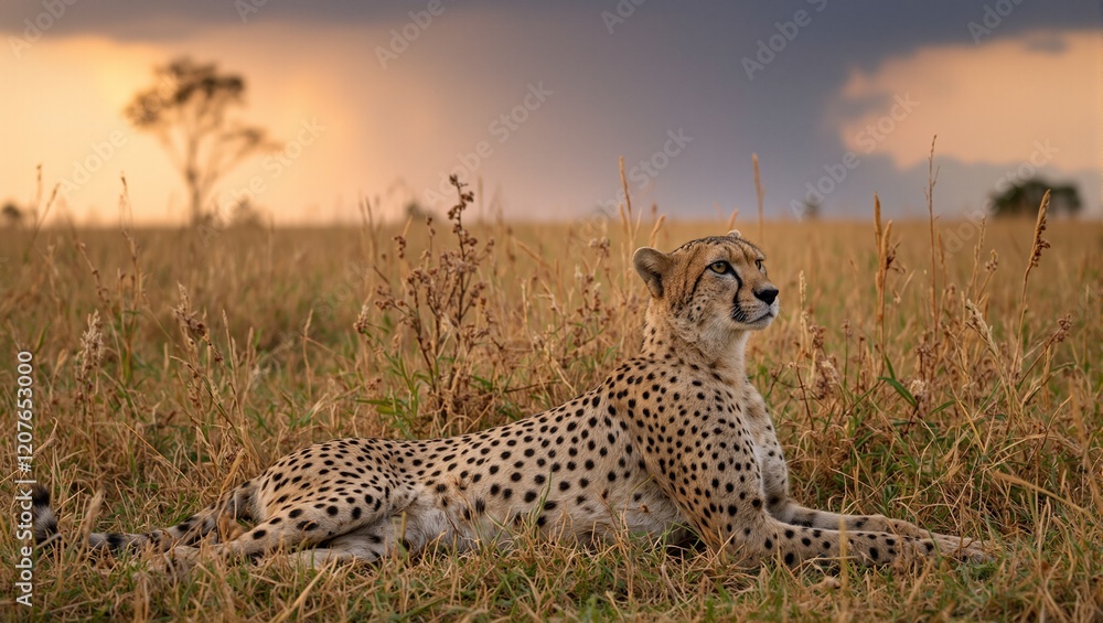 Majestic cheetah resting in grass storm approaching