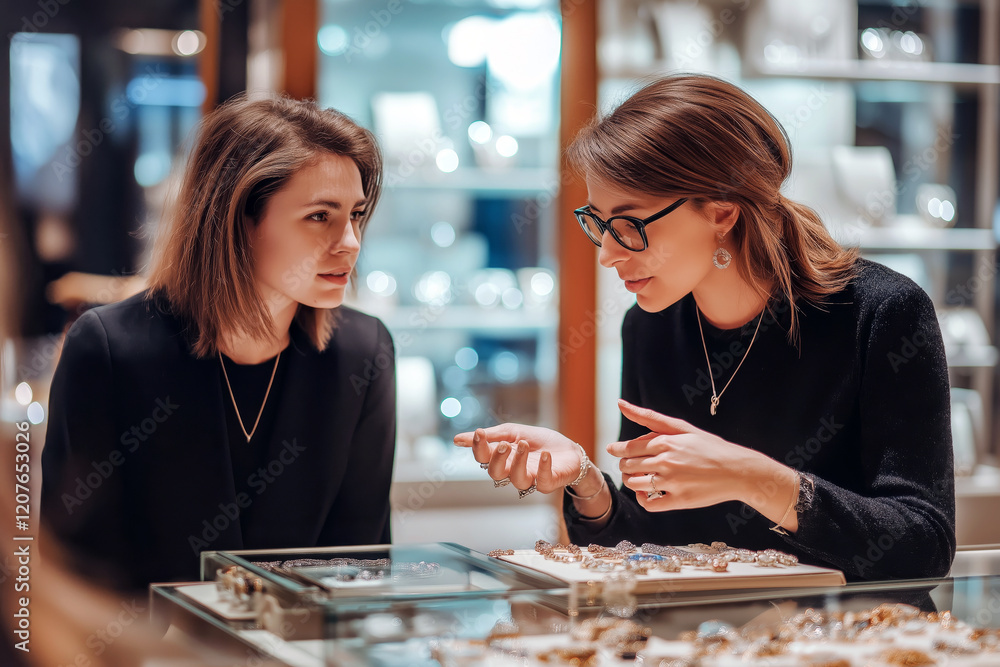 Fototapeta premium Consultant in a jewelry store explaining the differences between gemstones to a client, elegant and modern atmosphere.