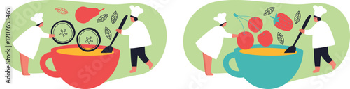 Tiny people and fruits cartoon vector illustration. Healthy eating, cooking vegetarian food and dieting concept. People and berries, summer harvest. Summer time.	
